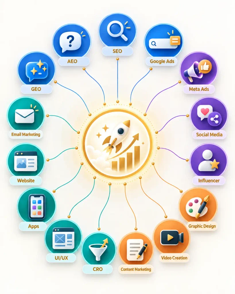 Infographic of digital marketing channels including SEO, AEO, GEO, Google Ads, Meta Ads, email, social media, content, video, graphic design, UI/UX, CRO, website, mobile apps and influencer marketing