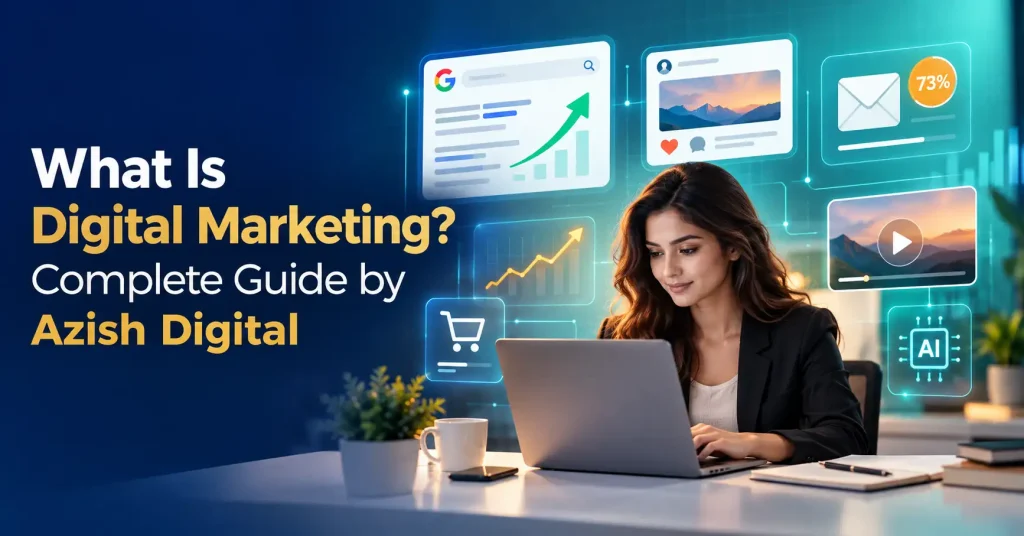 Digital marketer analyzing SEO, social media and ad campaign dashboards on a laptop to explain what digital marketing is
